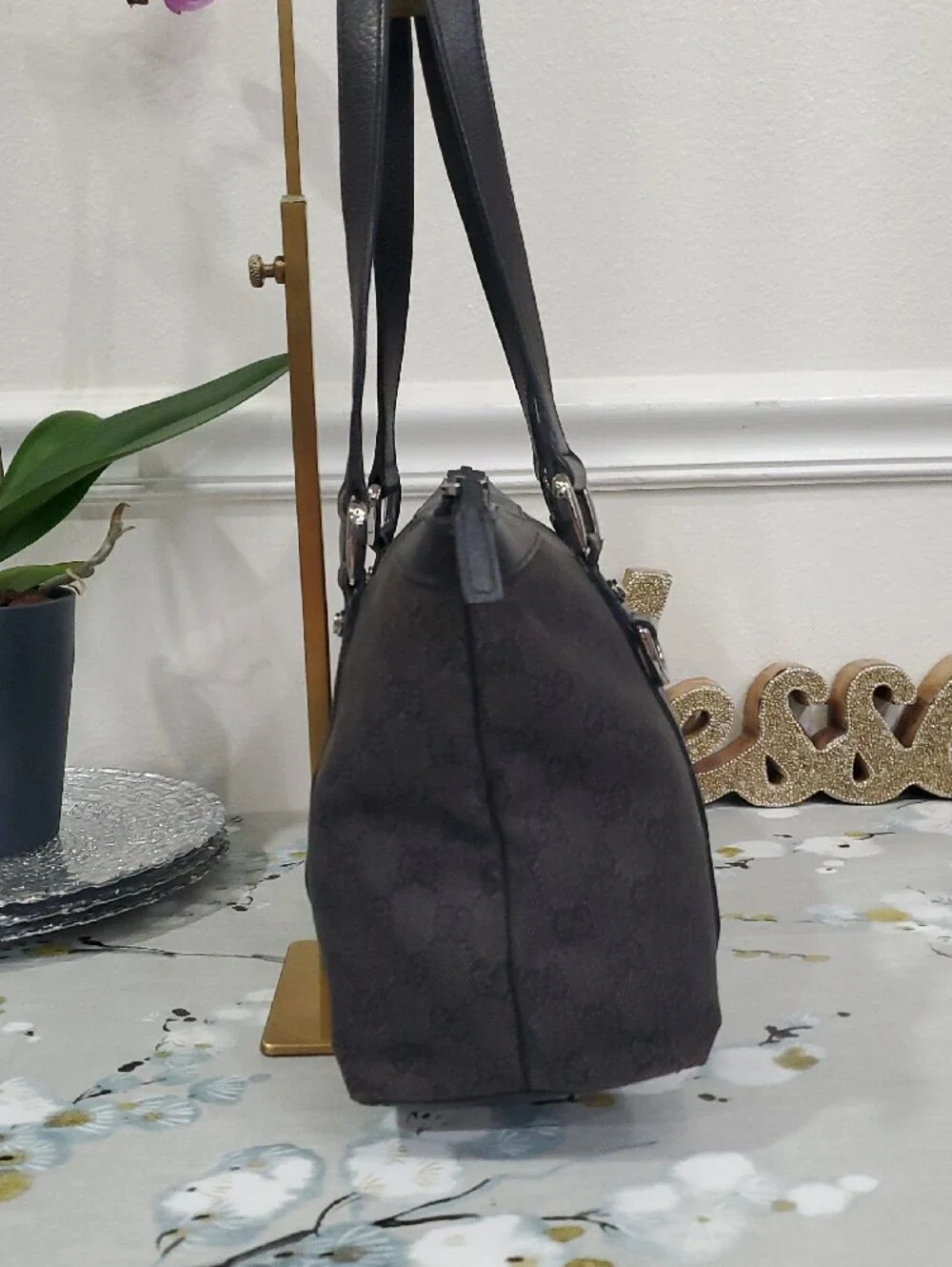 🇮🇹Gucci Black GG Canvas Abbey Medium Black Shoulder/Handbag Tote Bag